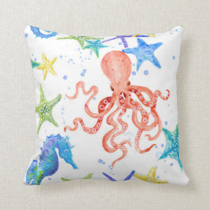 Beach Sea Shore Red Octopus Seahorse Starfish Art Kudde
