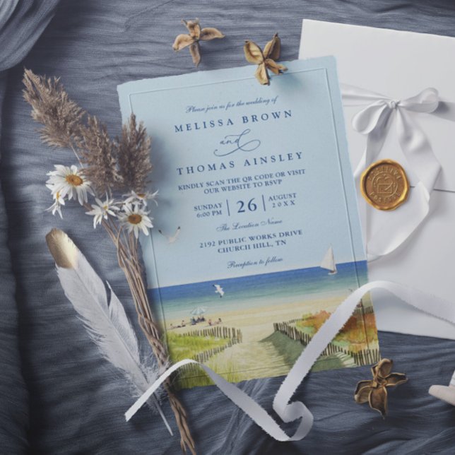 Beach Sea Tropical Sandy Elegant QR Code Wedding Inbjudningar (Skapare uppladdad)