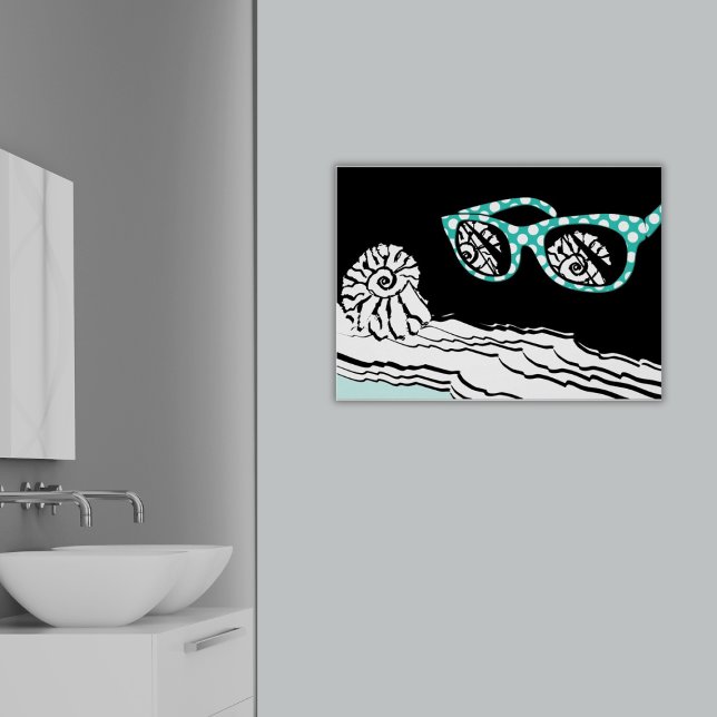 Beach Sea & Turcos Polka Dot Glasses Bathroom Poster (Turquoise Sunglasses at the Beach, Shell Mirroring, Surf Rolling, Bathroom Art)