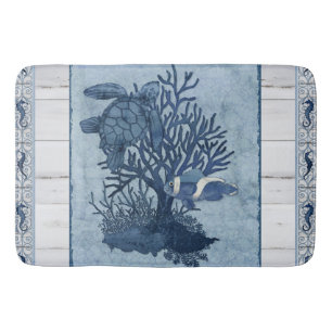 Beach Sea Turtle Seahorse Blue Rustic Watercolor Badrumsmatta