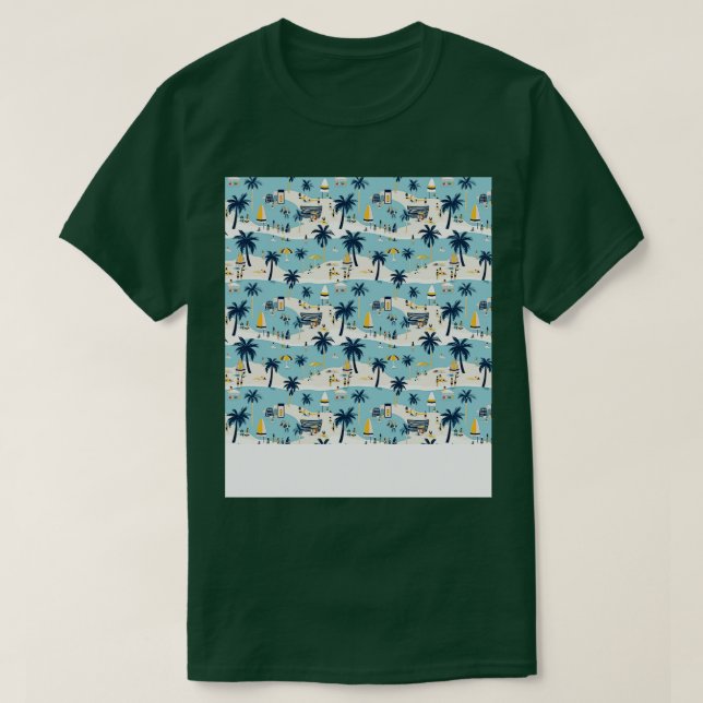 Beach Seamless Mönster Sommar Handflatan Träd Våga T Shirt (Design framsida)