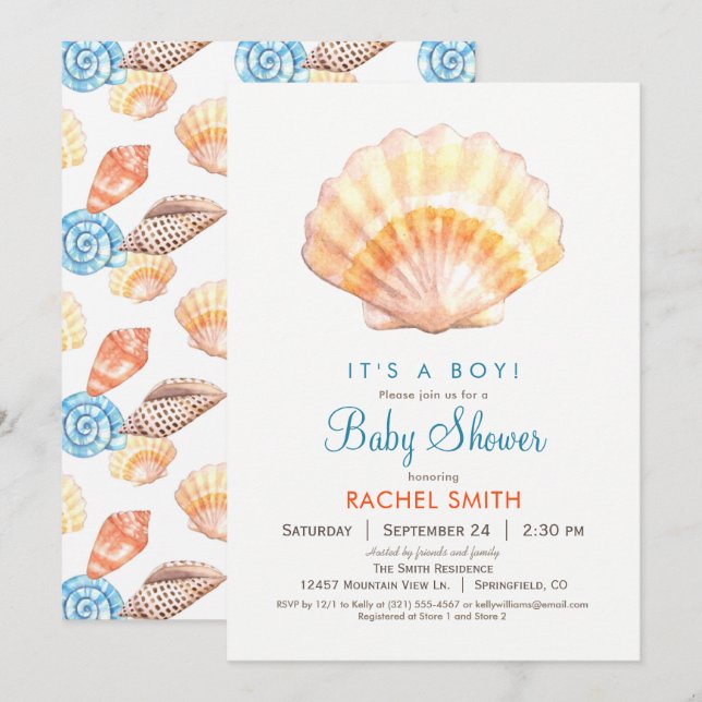 Beach Seashell Boy Baby Shower-inbjudan Inbjudningar (Fram/baksida)