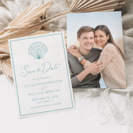 Beach Seashell Elegant Aqua Blue Bröllop Spara Datumet