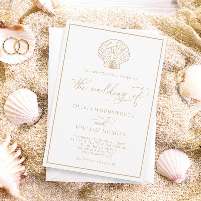 Beach Seashell Elegant Beige Sand Bröllop Inbjudningar (Skapare uppladdad)