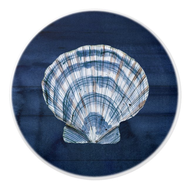 Beach Seashell Modern Navy Blue White Rustic Wood Knopp (Framsidan)