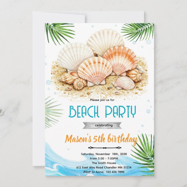 Beach seashell theme invitation inbjudningar (Framsida)