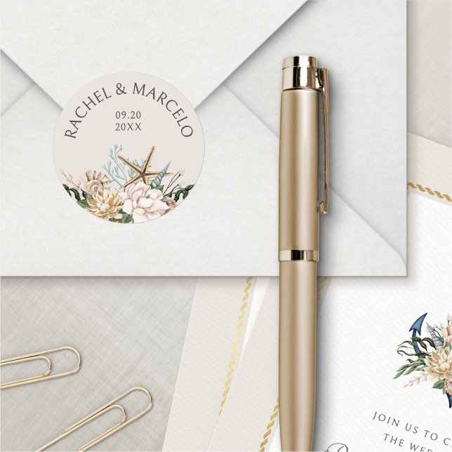 Beach Seashells Blommigt Bröllop Runt Klistermärke (Skapare uppladdad)