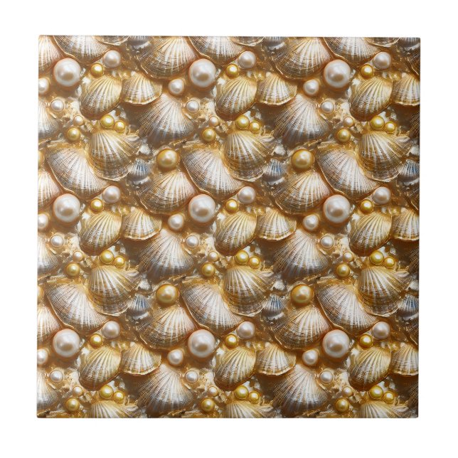 Beach seashells guld pearl clam lyster snäckor kakelplatta (Framsidan)