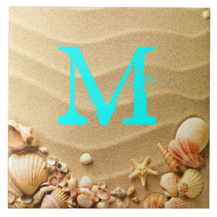 Beach Seashells Hawaii Sand Monogram Visning Tile Kakelplatta