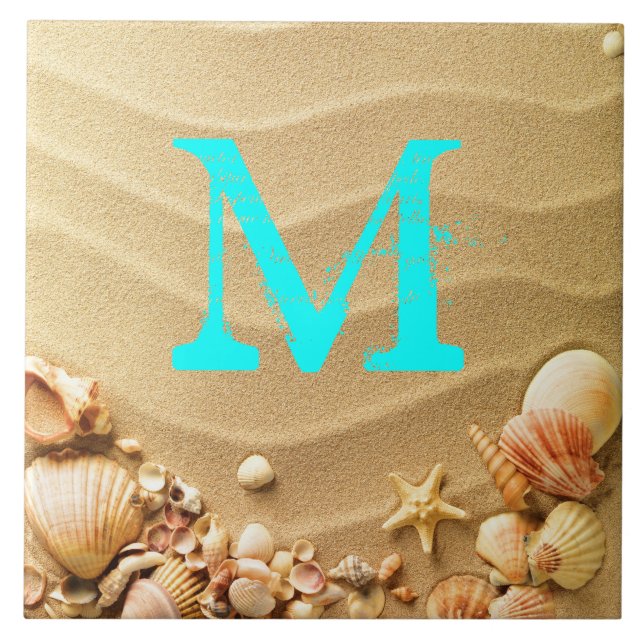 Beach Seashells Hawaii Sand Monogram Visning Tile Kakelplatta (Framsidan)