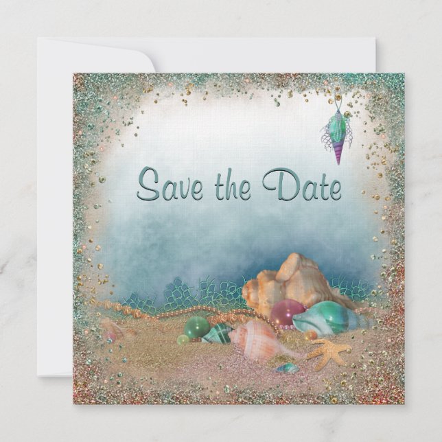 Beach Seashells och Glitter Save Date Bröllop Spara Datumet (Framsida)