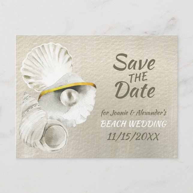 Beach Seashells on Silvery Pearl Save the Date Meddelande Vykort (Framsida)
