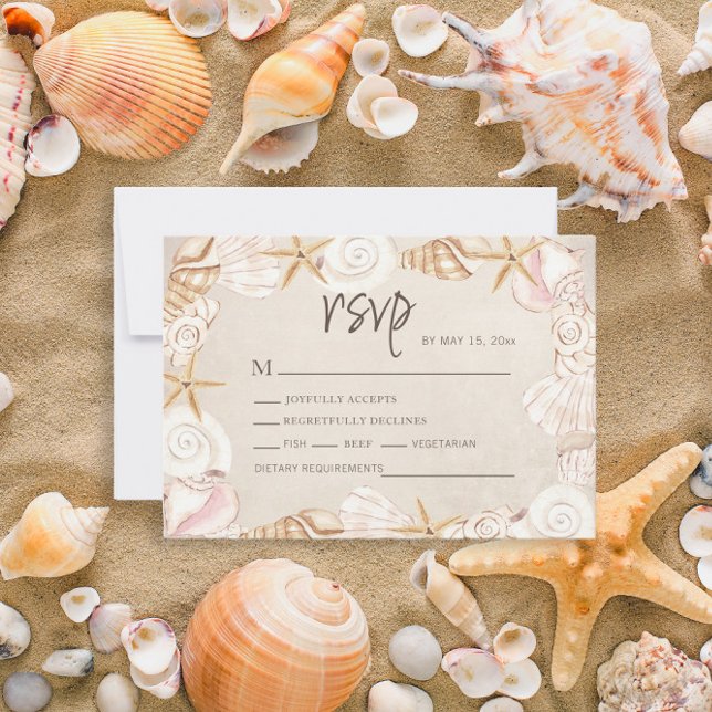 Beach Seashells Sand Bröllop OSA Kort (Beach/sea shell wedding RSVP card)