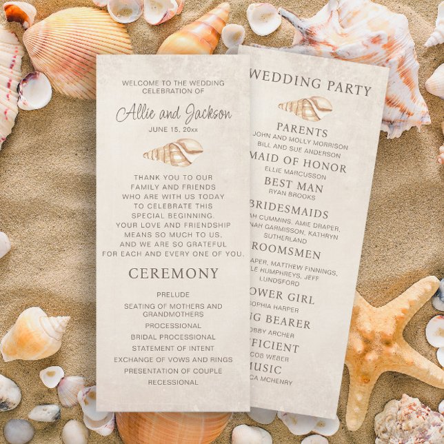 Beach Seashells Sand Bröllopsprogram Brudens sida (Wedding ceremony and bridal party program)