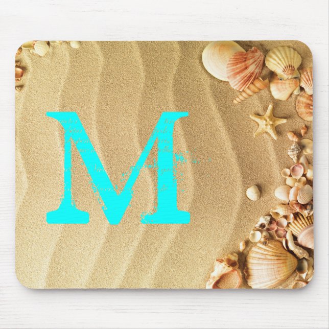 Beach Seashells Sand Monogram Initial Mouse Pad Musmatta (Framsidan)