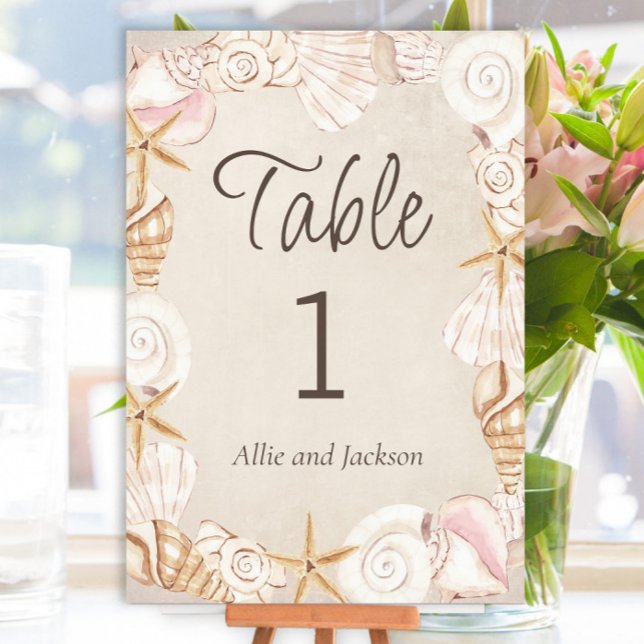Beach Seashells Sand Seaside Wedening Reception Bordsnummer (Seashell beach wedding table number card)