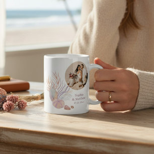 Beach Seashells Watercolor Photo Bröllop Kaffemugg
