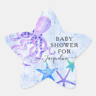 Beach Seaside Lila Octopus Starfish Baby Shower Stjärnformat Klistermärke