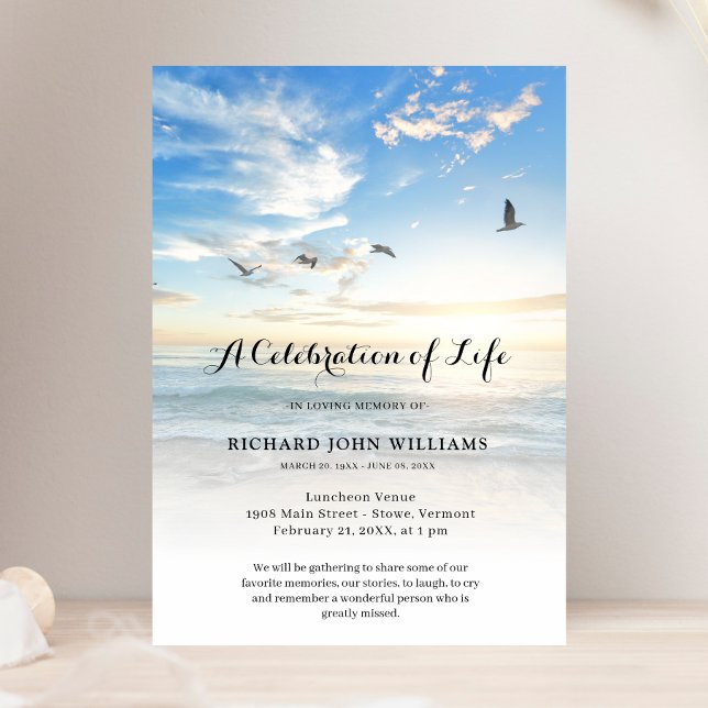 Beach Seaside Ocean Firande of Life Funeral Inbjudningar (Celebration of Life Beach Invitation )