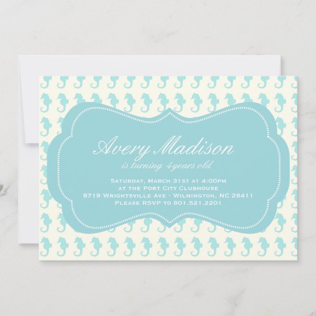 Beach Shabby chic Seahorse Invitation party blue Inbjudningar (Framsida)