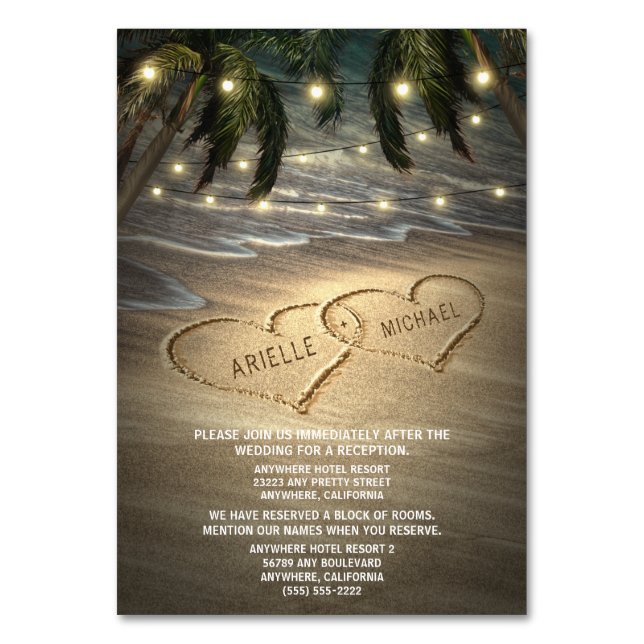 Beach Shore Hearts in Sand Bröllop Insert Cards Bordsnummer (Framsidan)