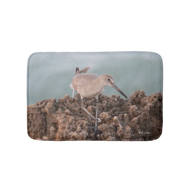 Beach Shorebird Willet med Teal Ocean Background Badrumsmatta (Framsidan)