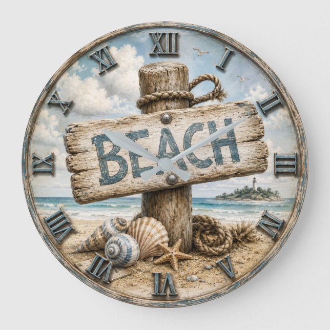 Beach Sign Coastal Beach House Nautical Stor Klocka (Framsida)