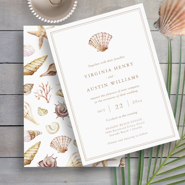 Beach Simple Bröllop Inbjudningar (Beach Watercolor Seashell Simple Wedding Invitation by Painted Paperie
)