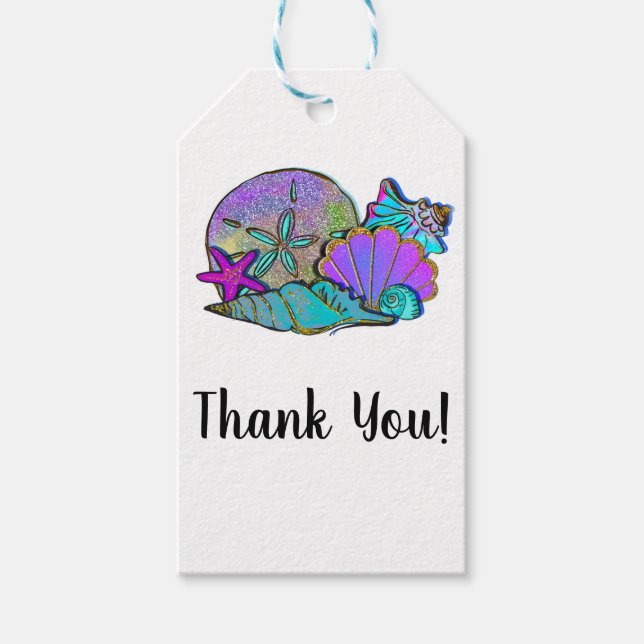 Beach Snäckor Glitter Gnistra Födelsedagsfest Presentetikett (Framsidan)