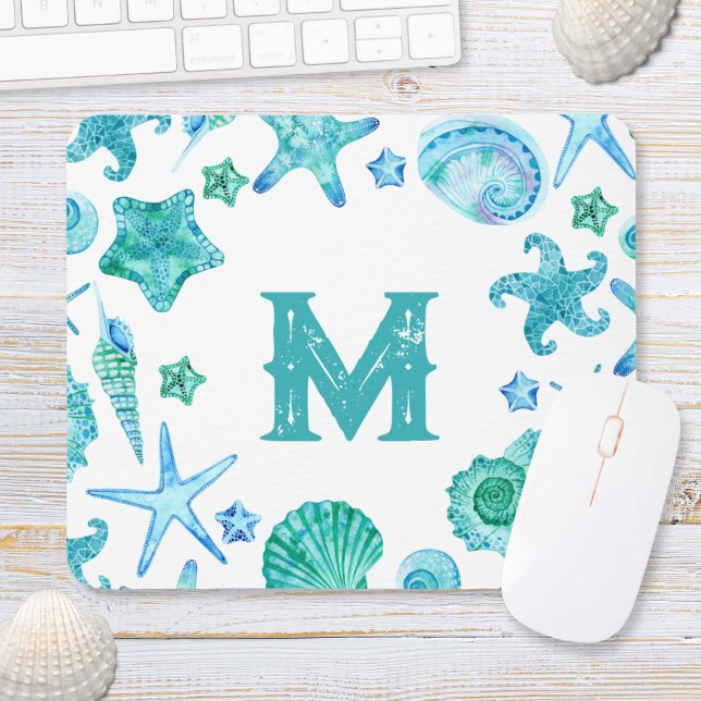 Beach-Snäckor och Starfish Watercolor Musmatta (Beach Coastal Sea Shells and Starfish Watercolor Mouse Pad)