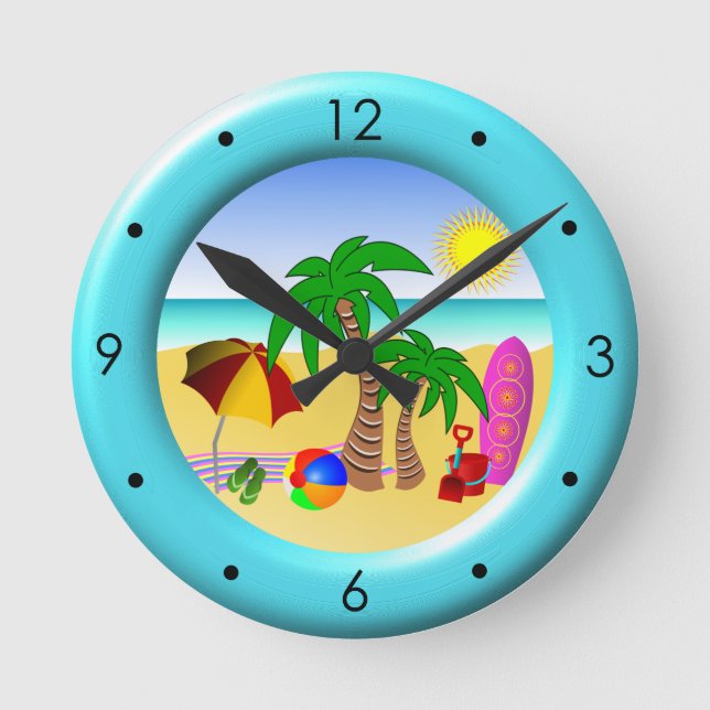 Beach Sol Sea and Surfa Roligt Medium Blue Round C Rund Klocka (Framsida)