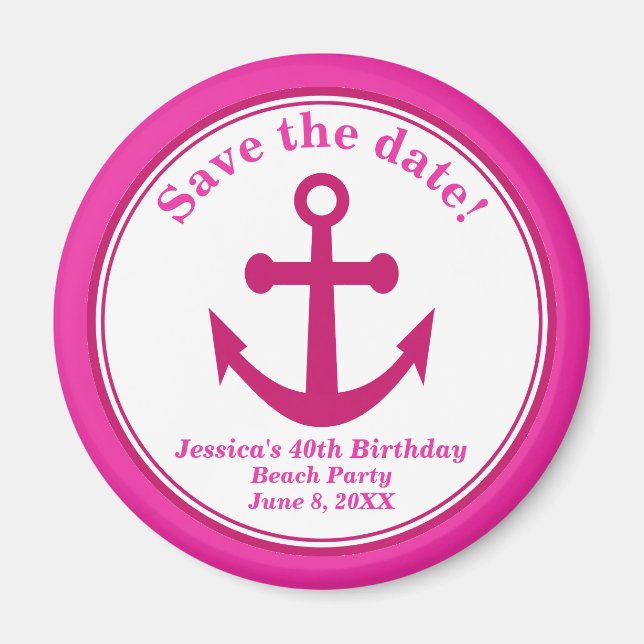 Beach Spara datum magneter Rosa Anchor Birthday (Framsidan)