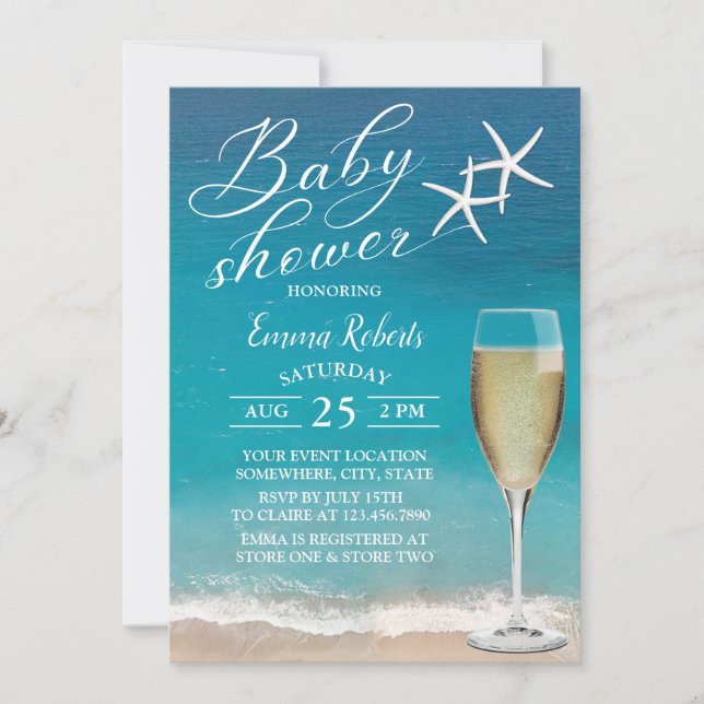Beach Starfish & Champagne Glass Baby Shower Inbjudningar (Framsida)