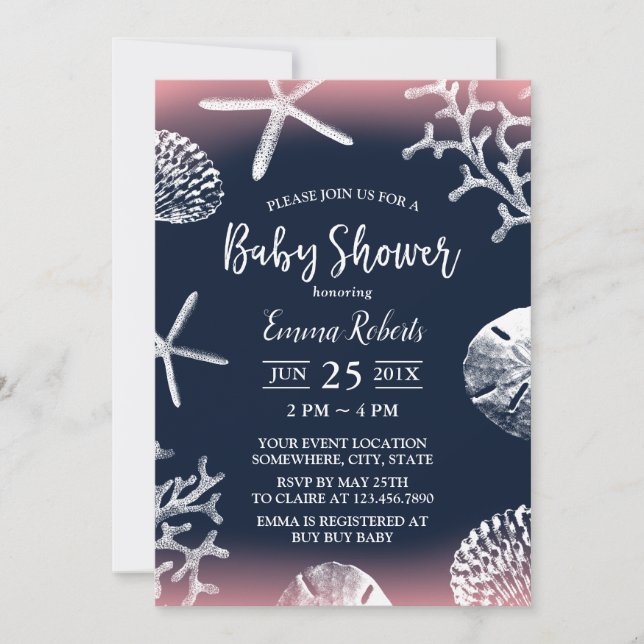 Beach Starfish Coral Reef Navy Rosa Baby Shower Inbjudningar (Framsida)