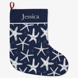 Beach Starfish Navy Blue Coastal Stor Julstrumpa