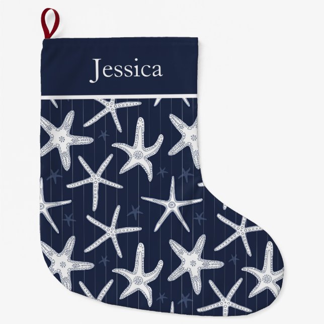 Beach Starfish Navy Blue Coastal Stor Julstrumpa (Framsidan)