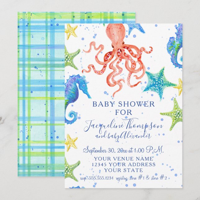 Beach Starfish Octopus Seahorse Boy Shower Inbjudningar (Fram/baksida)