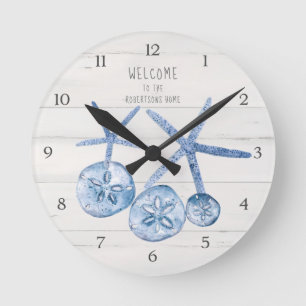 Beach Starfish Sand Dollar Modern Blue White Wood Rund Klocka