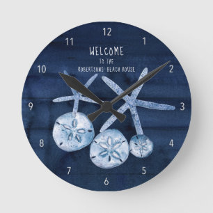 Beach Starfish Sand Dollar Modern Navy Blue Wood R Rund Klocka