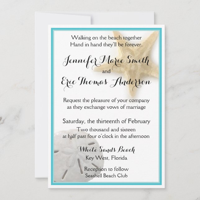 Beach Starfish Sand Dollar Wedding Aqua Inbjudningar (Framsida)