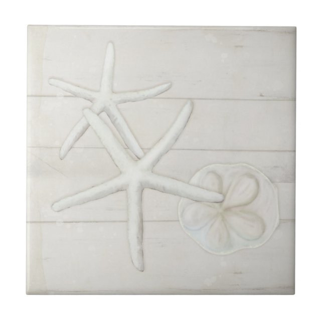 Beach Starfish Sanddollar Snäckors White Tvättat W Kakelplatta (Framsidan)