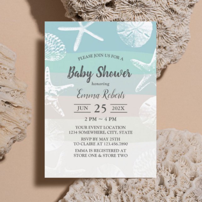Beach Starfish & Seashells Elegant Baby Shower Inbjudningar (Skapare uppladdad)