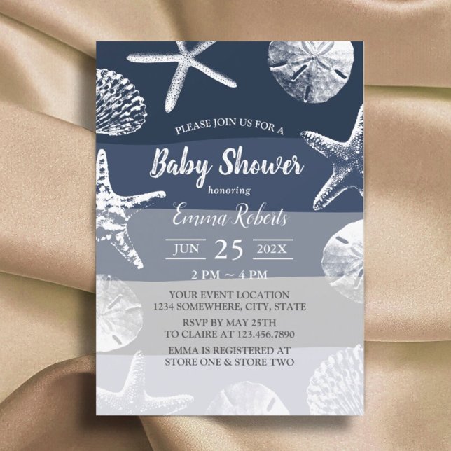Beach Starfish & Seashells Navy Blue Baby Shower Inbjudningar (Skapare uppladdad)