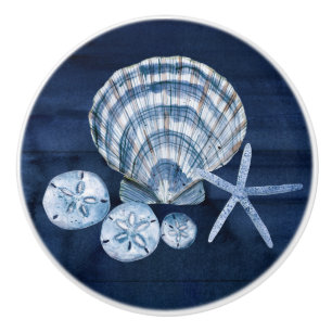 Beach Starfish Seashells Navy Blue Rustic Wood Knopp