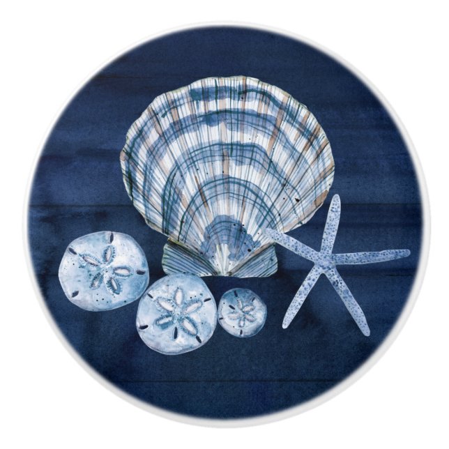 Beach Starfish Seashells Navy Blue Rustic Wood Knopp (Framsidan)
