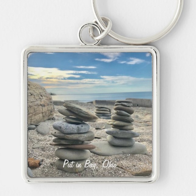 Beach Sten, sätt i bukten  Fyrkantig Silverfärgad Nyckelring (Framsidan)