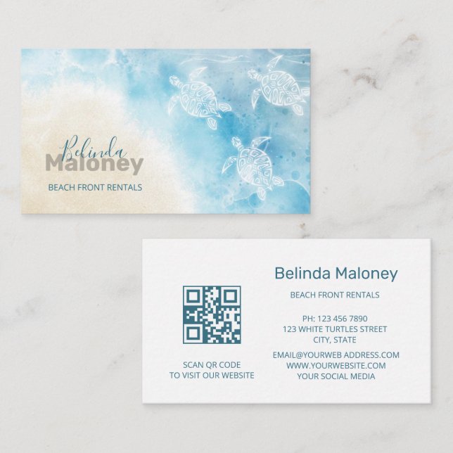 Beach Stil White Turtles Scan QR-kod Visitkort (Fram/baksida)