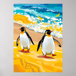 Beach Strullande Penguins - Vibrant Ocean Art Poster