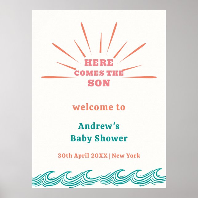 Beach Summer Here Comes Baby Shower Welcome Poster (Framsidan)