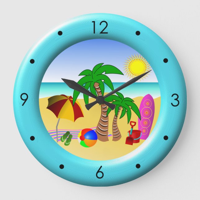Beach Sun Sea and Surf Fun Large Blue Round Clocks Stor Klocka (Framsida)